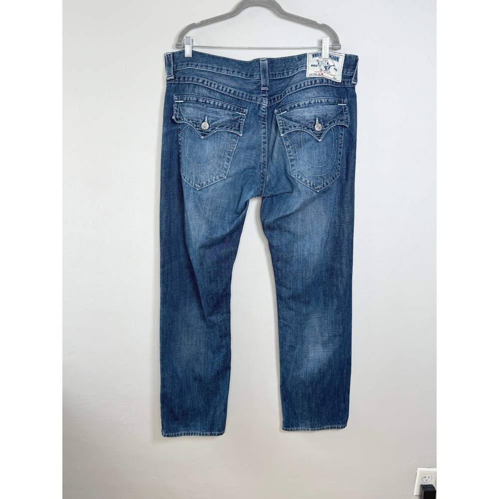 True Religion Slim Fit Jeans Mens 40 Blue Whiskered Flap Pocket Moto Western